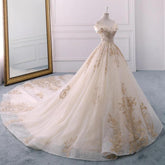 Champagne Embroidered Off-the-Shoulder Wedding Dress